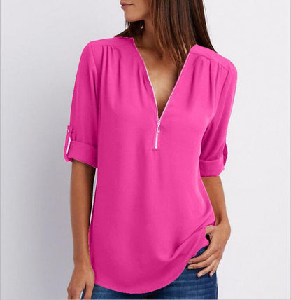 Large Size  Long Sleeve Loose V-neck Shirt