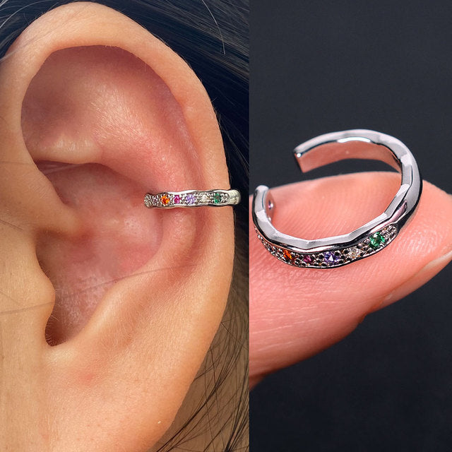 1Pc Hollow Geometry Rainbow CZ Cuff Wrap Clip On Earrings Women Girls Climber Ear Cartilage Bone Clips Fake Earring Non Piercing